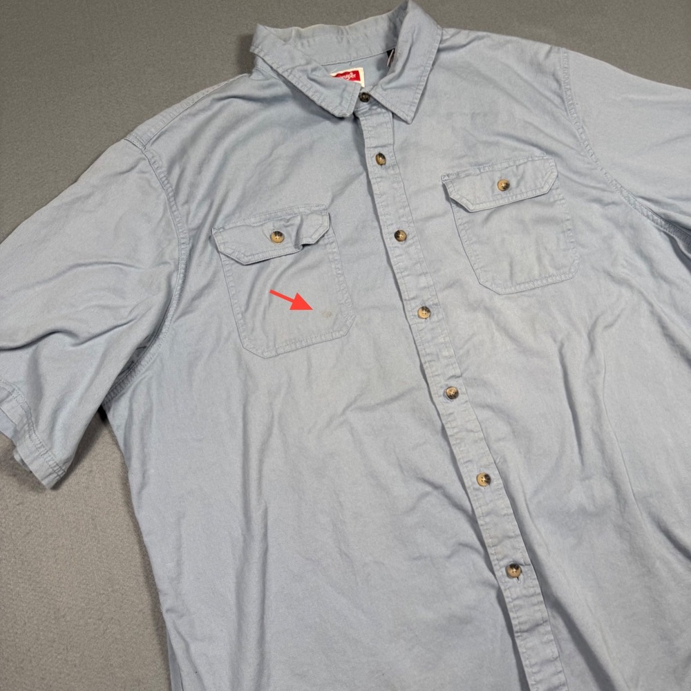 Wrangler Button Down Shirt Mens 2XL Blue Short Sleeve Cotton Twill Workwear Top - Picture 8 of 13